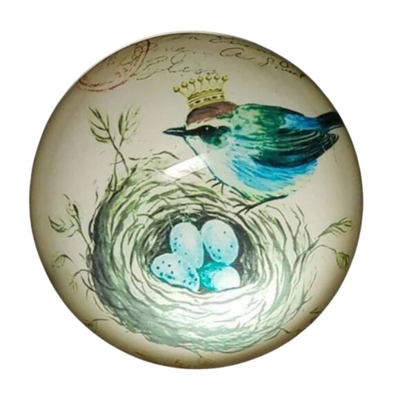 Vintage Bird Glass Paperweight Half Sphere Domed - Bird with Nest and Eggs - Picture 1 of 11